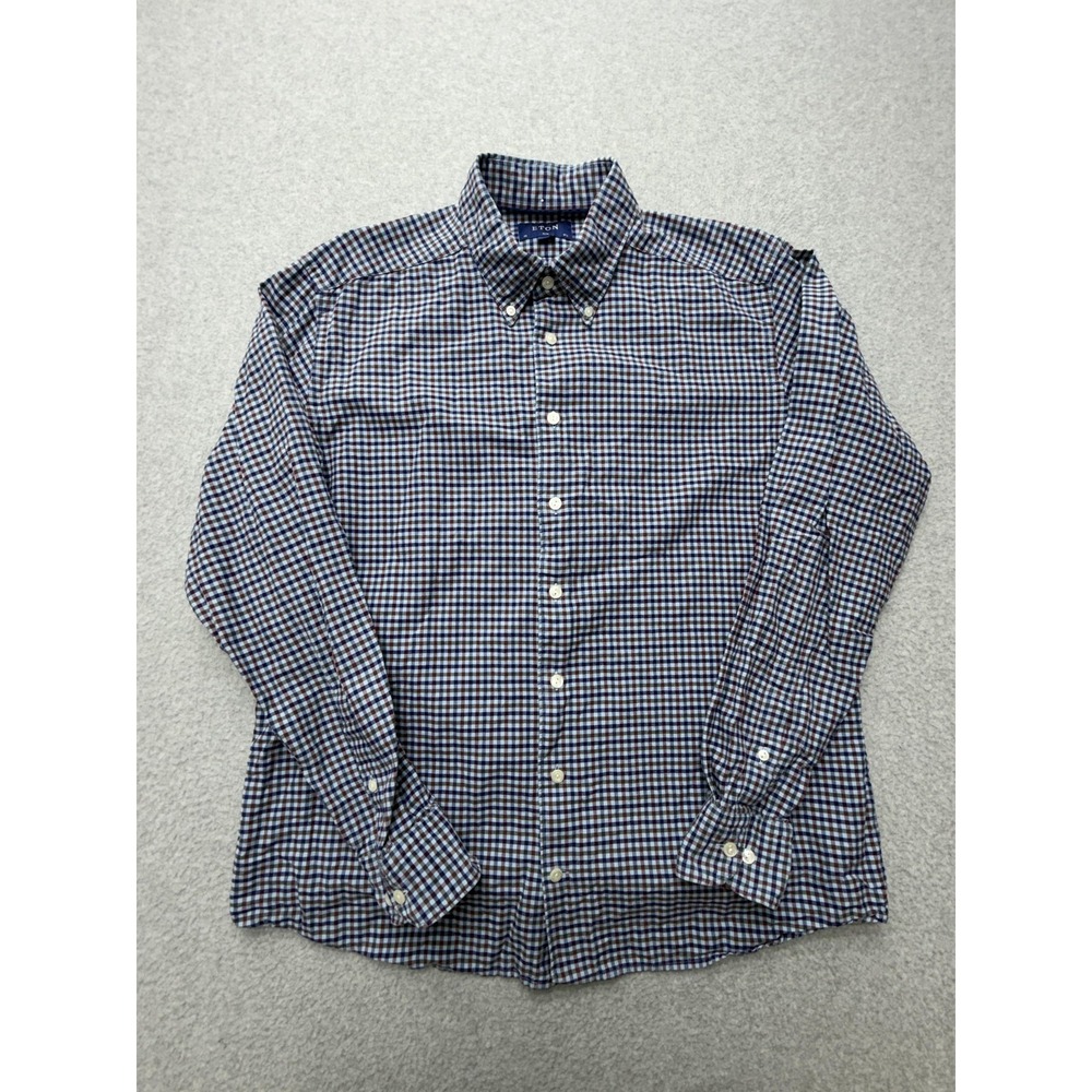 Eton Shirt Mens XL Blue Check Long Sleeve Button Down Slim Cotton Lyocell